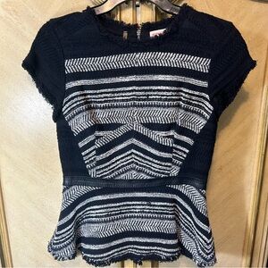 Rebecca Taylor Black White Tweed Leather Fringe Trim Zip Back Peplum Top